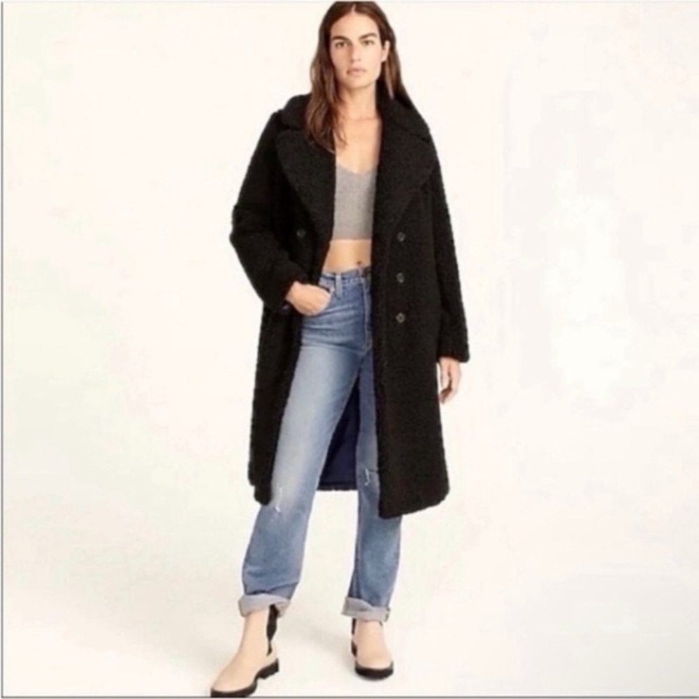 J.Crew double-breasted black teddy sherpa topcoat in black Size Medium Petite